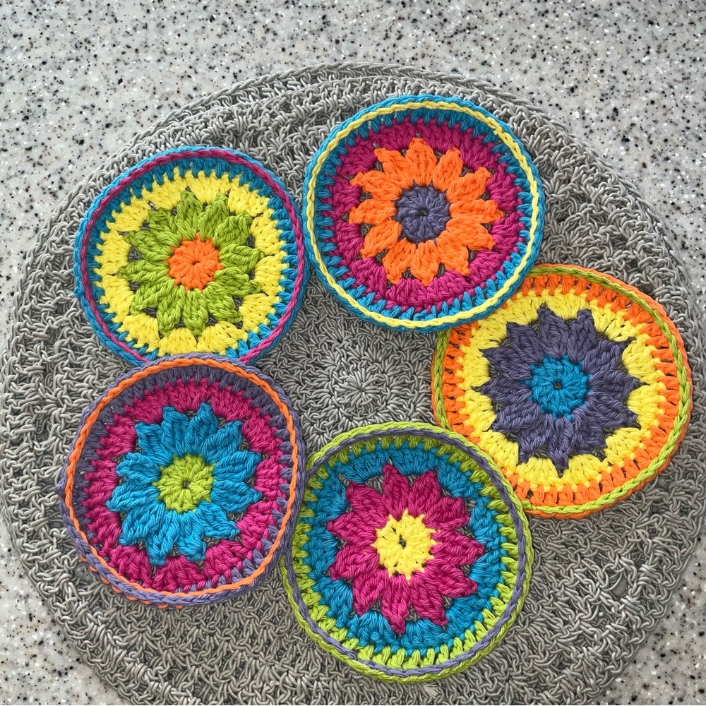 Handmade Coaster set of 5 crochet Boho Festive colorful floral Mexicana style